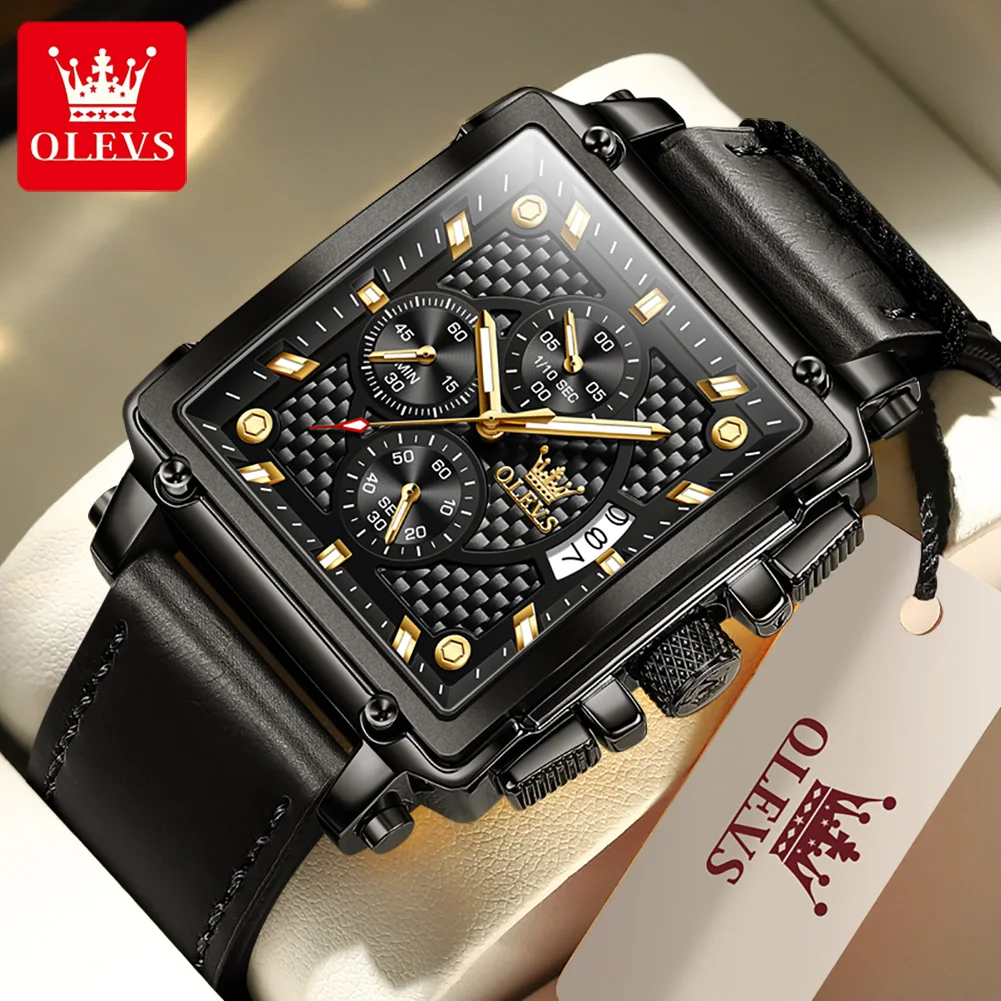 

OLEVS Top Brands New Square New Men Watch Multi-Function Chronograph Leather Strap Waterproof Fashion Business Male Wristwatch