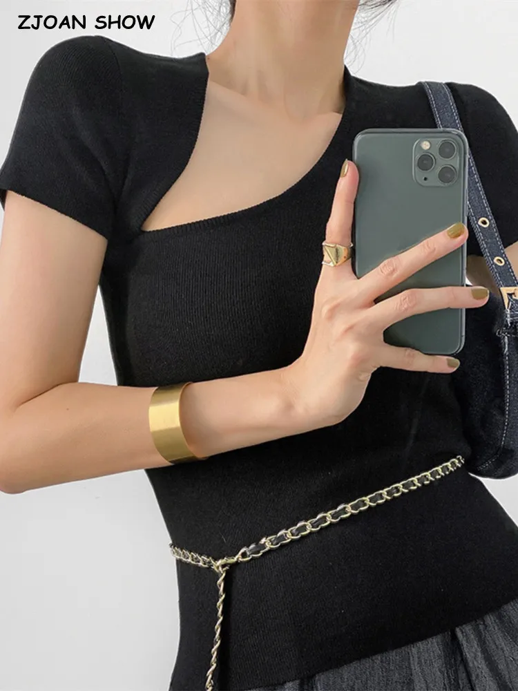 

2022 Summer Women Cropped Sweater Irregular V collar Short Sleeve Sexy Pullovers Knitwear All Match Knitting Tops Jumper