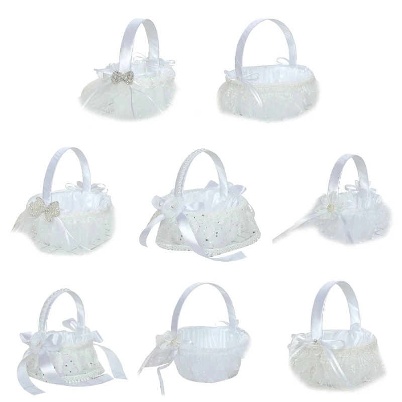

Flower Girl Basket with Handle Small Satin Cloth Baskets with Lace Bows Faux Flowers Decor White for Wedding Ceremony