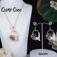 cring coco hawaiian polynesian style jewelry set gold plated heart pendant necklace pearl drop earrings ladies luxury jewelry