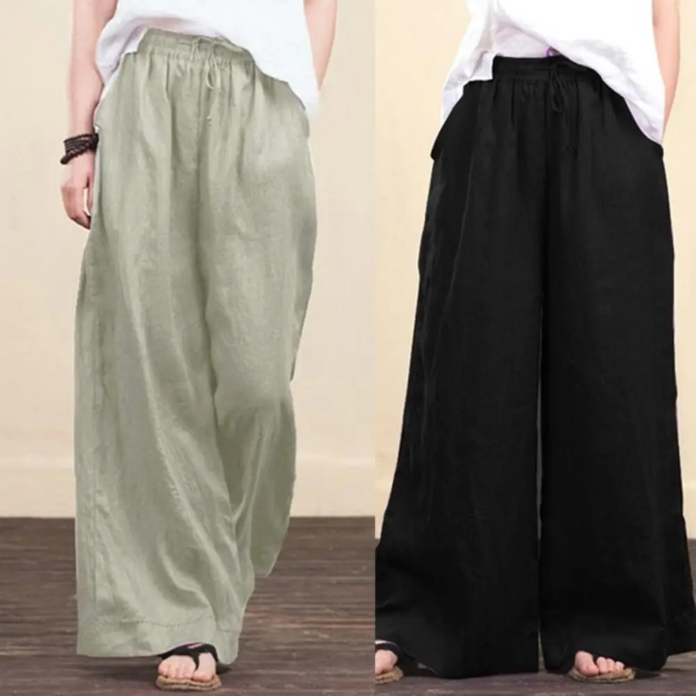 

Wide Leg Pants Casual Cotton Linen Loose Women's Trousers Mid Waist Loose Fit Solid Color Wide Leg Lady Trousers for Daily Wear