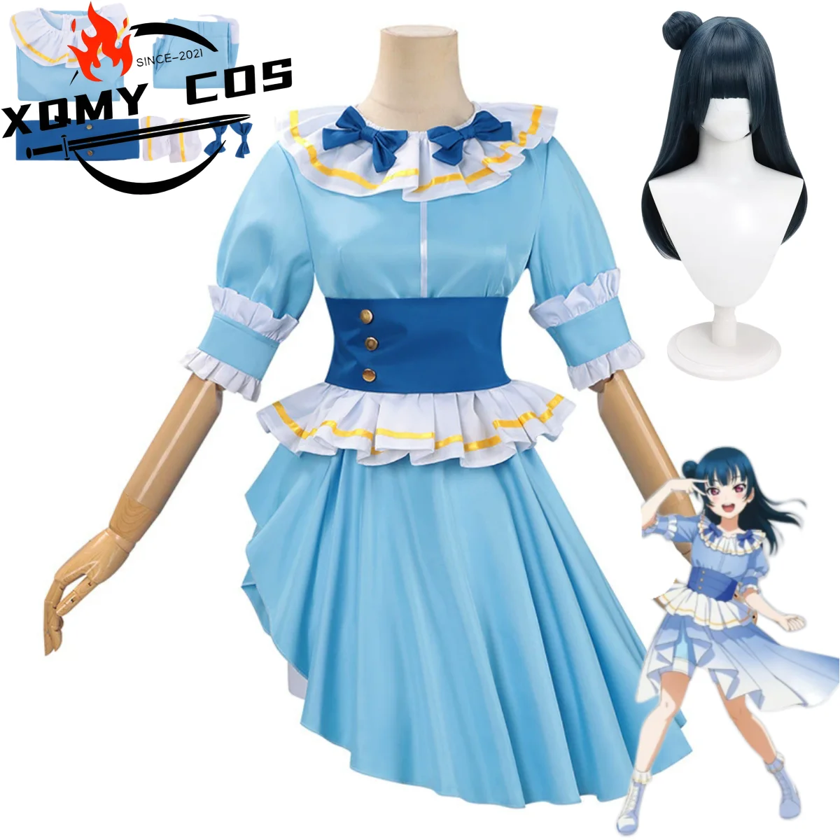 Фото XqАниме LoveLive!Саншайн!! Tsushima Yoshiko Yohane Косплей Костюм Aqours fl Платье принцессы Парик Лолиты Женский Kawaii Костюм для вечеринки №1