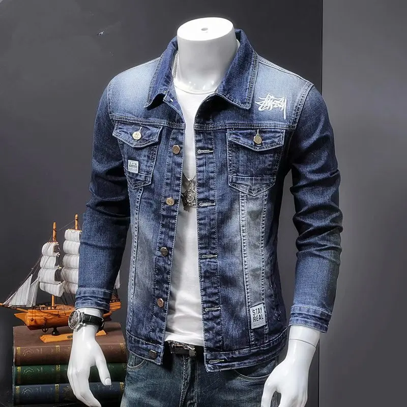 

Spring a Autumn Embroidery Printing Tooling Denim Jacket Men's Slim Trend Handsome Jacket Top Casual Motorcycle Jacket Street