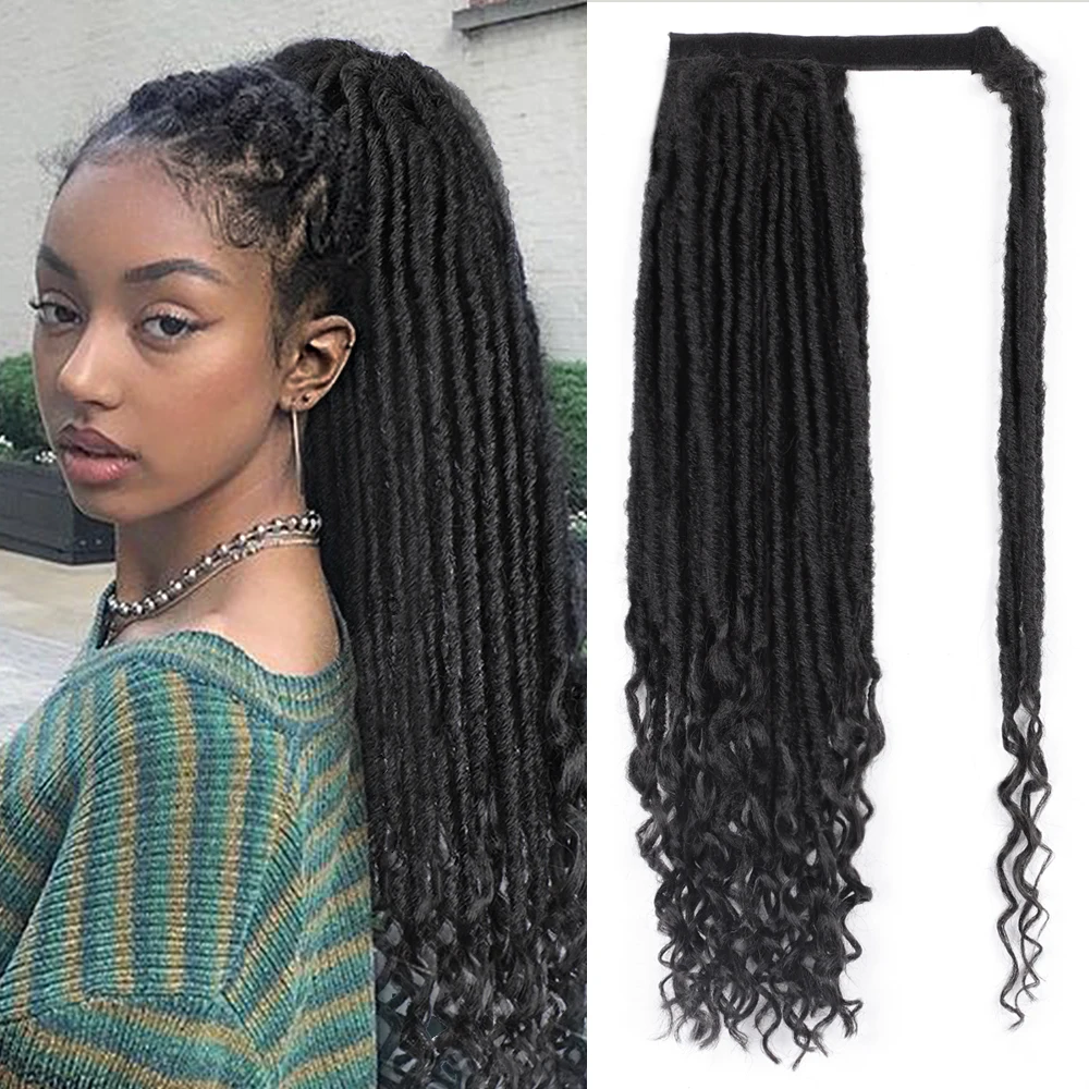 

MONIXI Synthetic Dreadlock Ponytail Extensions Long Straight Goddess Locs with Curly Ends for Black Women Wrap Around Hair Braid