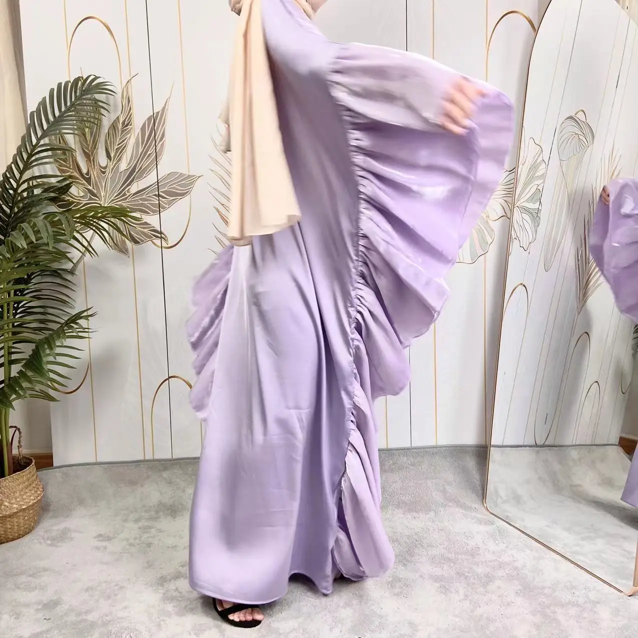 High Quality Islamic Satin Loose Dress Solid Color Popular Wide Hem Muslim Women Maxi Long Dress