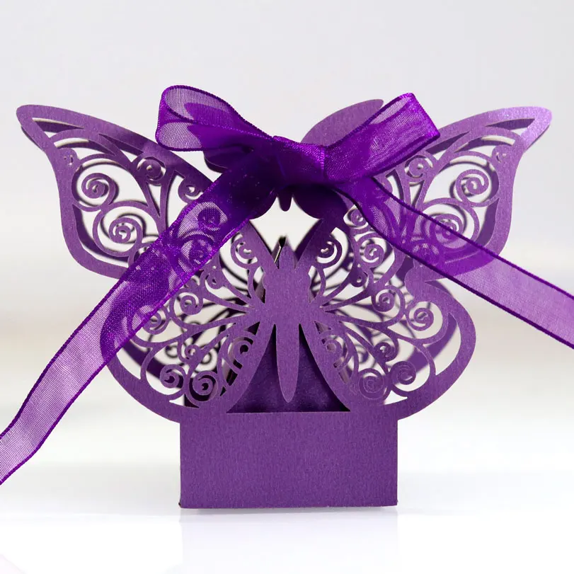 

Purple Butterfly Candy Box Laser Cut Present Boxes With Ribbons Cute Chocolate Box For Bridal Wedding Birthday Party Decoration