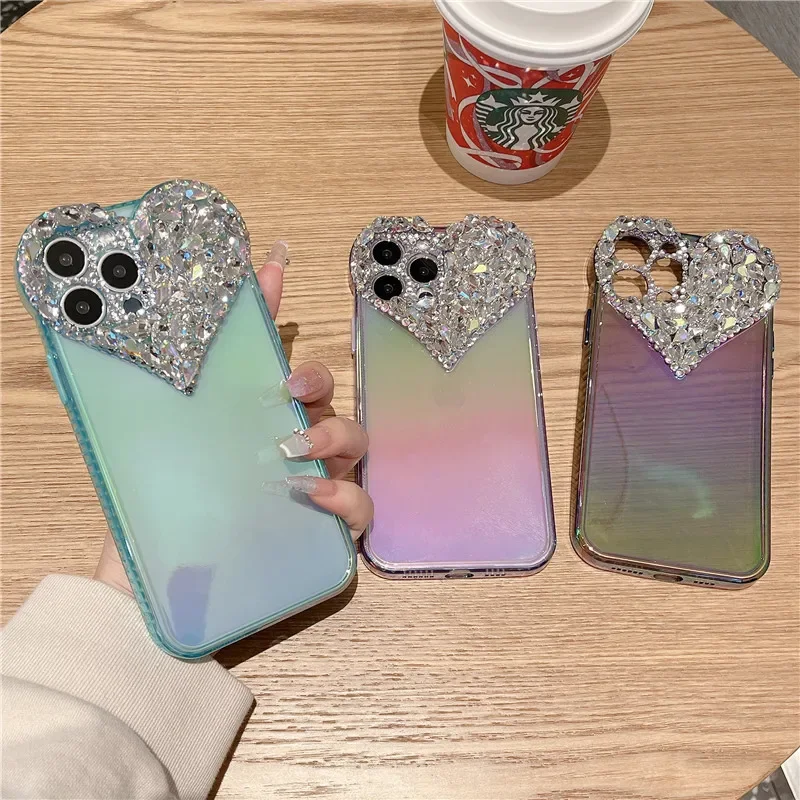 Мягкий чехол для телефона Diamond Crystal Love Lens Camera Glitter Gradient Cover iPhone 14 12 Pro Max 13 15 XR X XS Plus