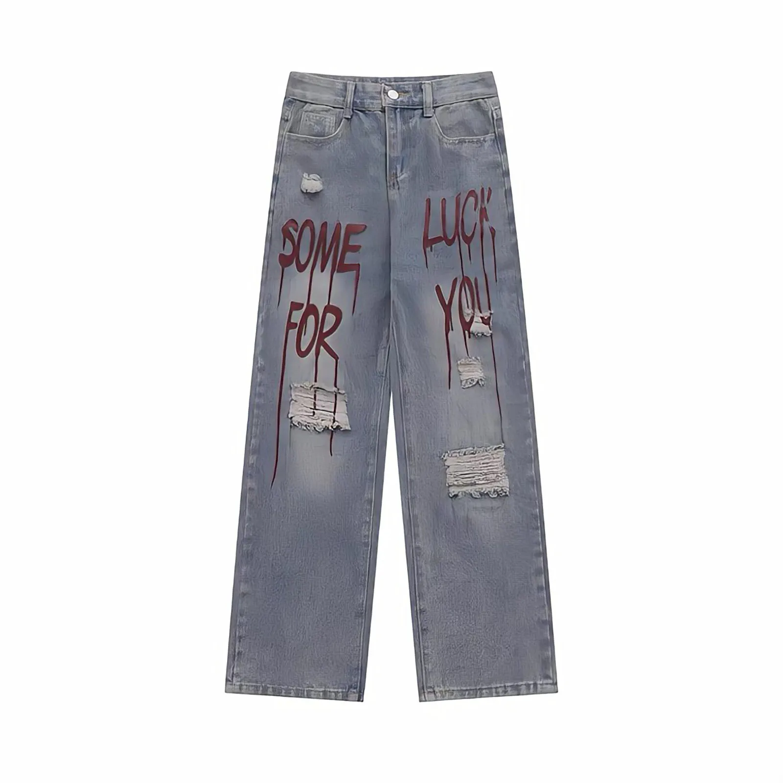 Blue Punk Baggy Jeans For Men Straight Leg Oversized Pants Letter Print Streetwear Y2k Vintage Hip Hop Ripped Denim Trousers