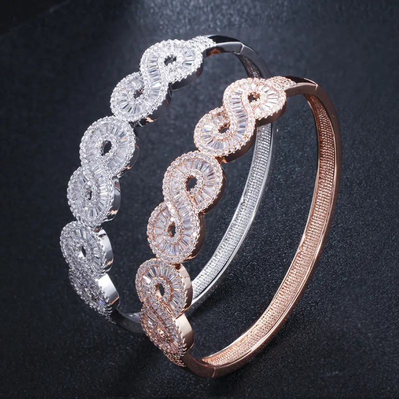

Fashion Cubic Zirconia Paved Rose Gold Color and Silver Color Plated Big Infinity Open Cuff Bangles Jewelry for Women
