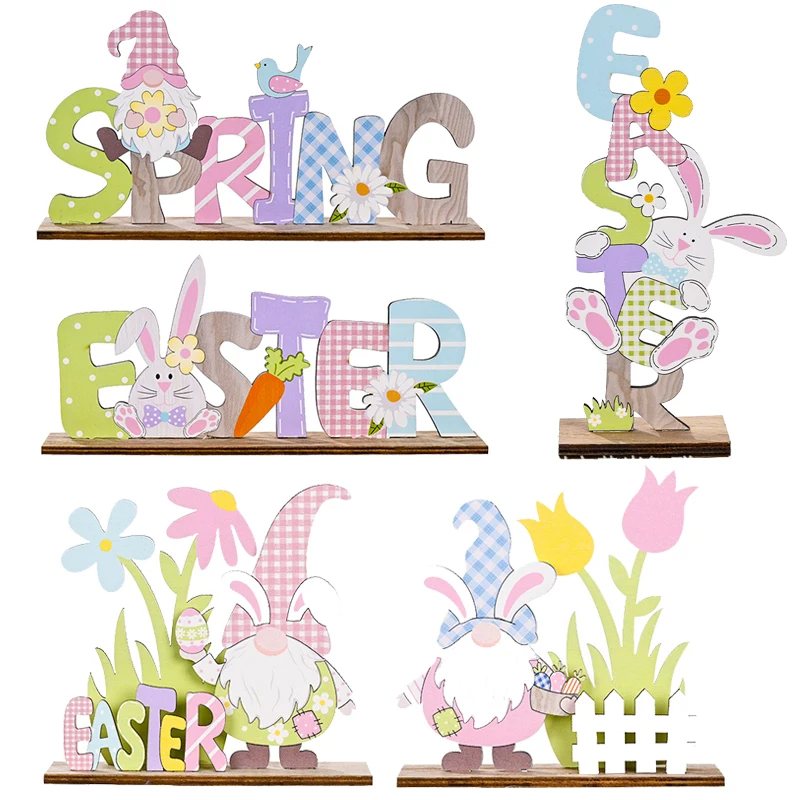 

New Easter Rabbit Long Ears DIY Decorations Home Party Wooden Ornaments Natural Handcraft Daisy Bird Radish Printing Handcraft