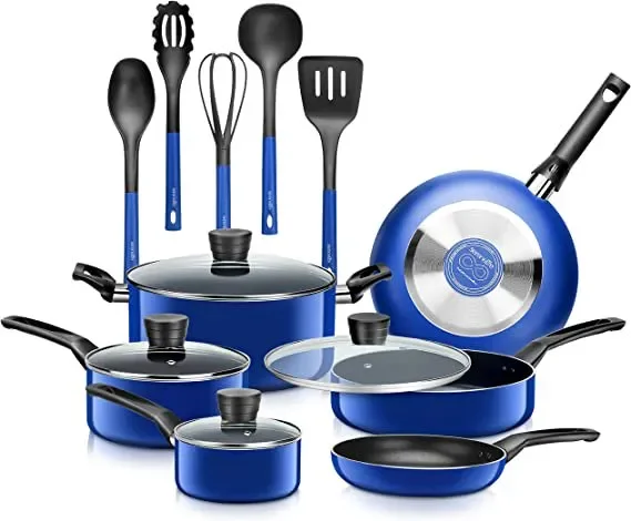

Кастрюли и сковородки из 15 предметов, базовая кухонная посуда, черная антипригарная поверхность внутри, (синий), быстрая доставка
