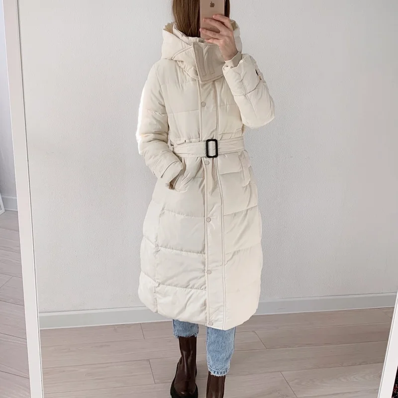 White Down Coat Black Cotton Coat Women Winter Korean Style Slim X-Long Over Knee Coat Hooded Thick Padded Jacket Parka