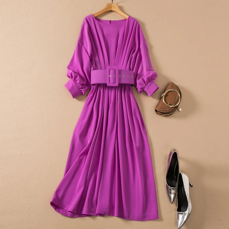 

Red RoosaRosee Fashion Summer 2022 Women O-neck Collar Elegant Lantern Sleeve Belt 3 Colors New Dress Female Vestidos Robe Femme
