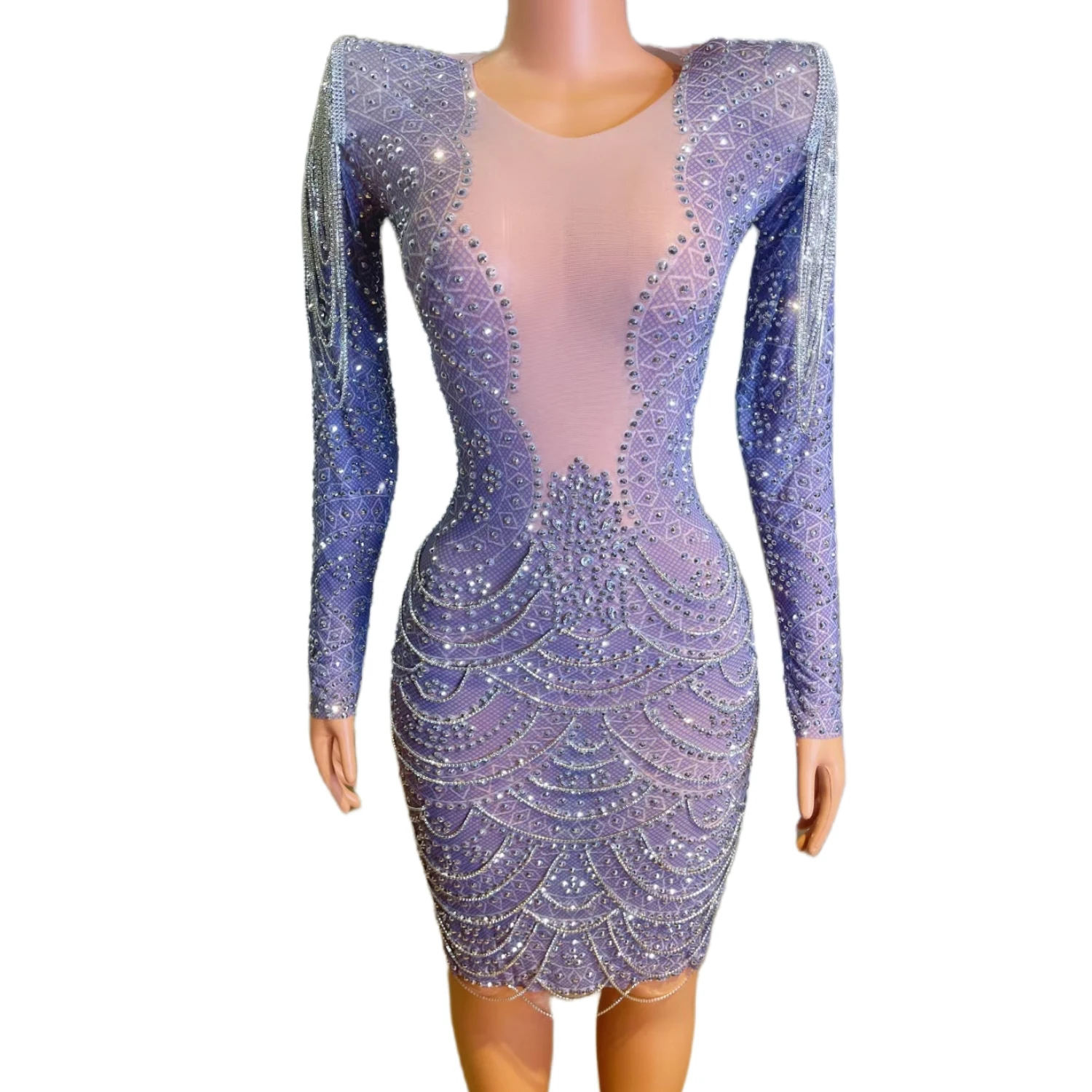 

Full Body Diamond Short Skirt Women Long Sleeve Tight Sexy Dress Host Show Party Costume Red Carpet Night Club Performance Suit