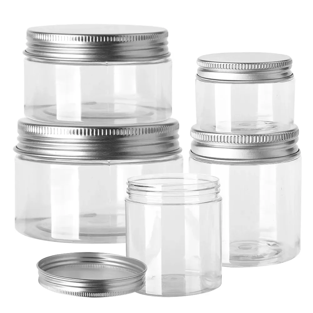 

50 pcs/Lot 30ML 80ML 100ML 150ML PET Clear Jars With Silver Aluminum Lid For Facial Mask Food Storage Jars Cosmetic Containers
