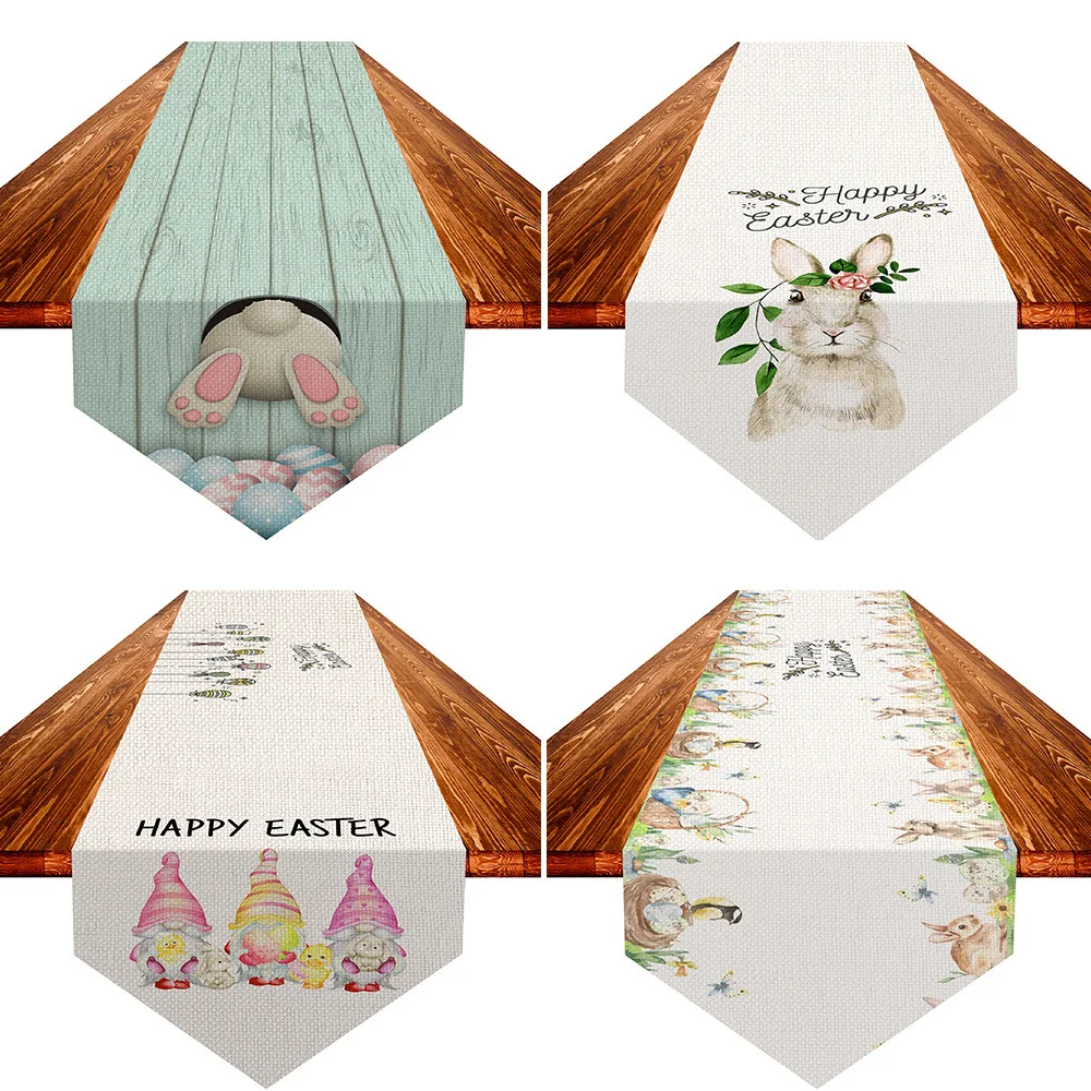 

183*33cm Easter Home Decoration Table Flag Bunny Tablecloth Rabbit Colorful Eggs Linen Table Cover Happy Easter Party Decor