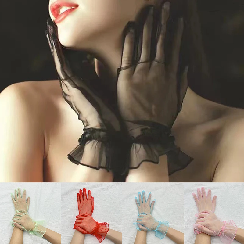 

Autumn Women Gloves Stretchy Sexy Lace Short Tulle Full Finger Mittens Bridal Wedding Gloves Fashion Elegant Lady Driving Gloves