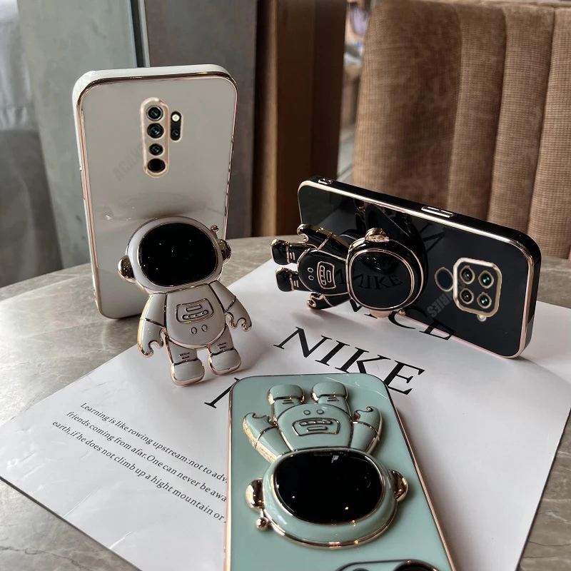 Plating Astronaut Folding Holder Case On For Xiaomi Redmi Note 11 10 9 8 Pro 11s 10s 9s 8t 7 11pro 10pro 9c Silicone Stand Cover