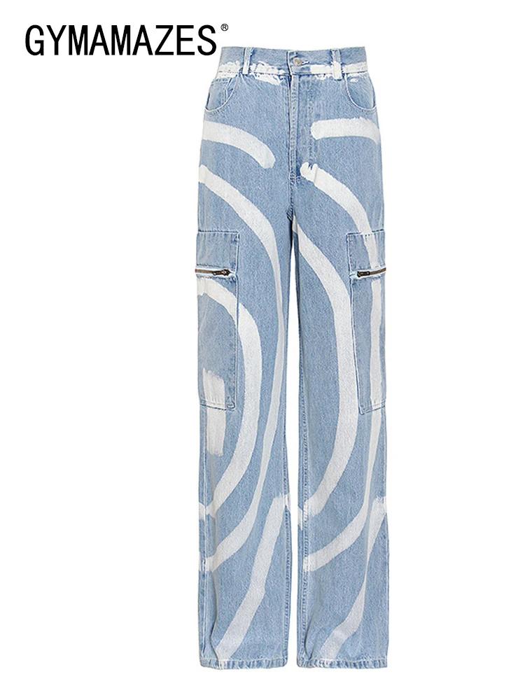 

GYMAMAZES Striped Straight Jeans For Women High Waist Patchwork Pocket Wide Leg Denim Trousers Female Clothing 2022 Autumn New