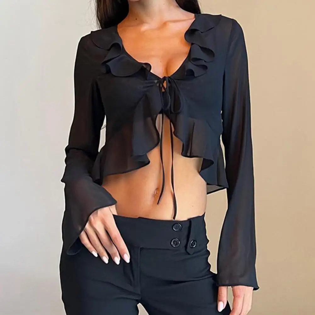 

Sexy Top Ruffle Trim Long Sleeve Women Top Front Lace-Up Sexy Top See-through Net Yarn Crop Top Female Clothing camisetas