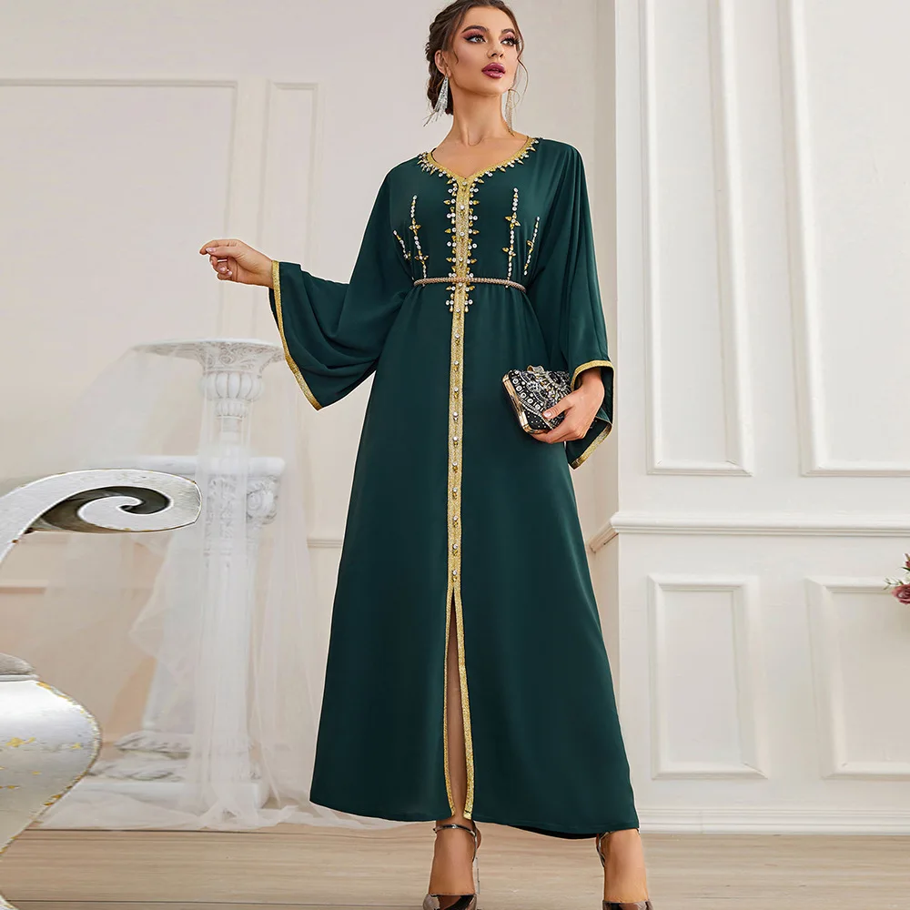 

Dubai Hijab Women Dresses V-Neck Hand Stitched Raglan Sleeve Party Dress 2022 New Kaftan Abayas Djellaba Moroccan Vestidos