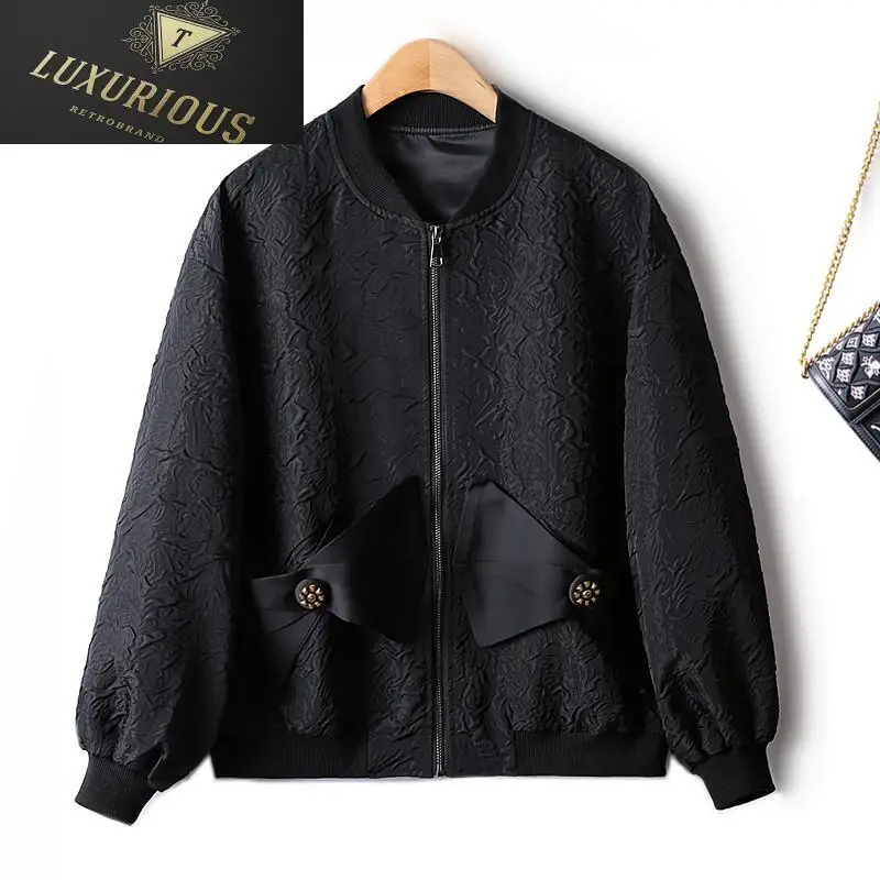 

Jacket Woman 2024 Autumn New Korean Fashion Stand Collar Jacquard Large Pocket Zipper Cardigan Hepburn Top Female Clothing 4XL