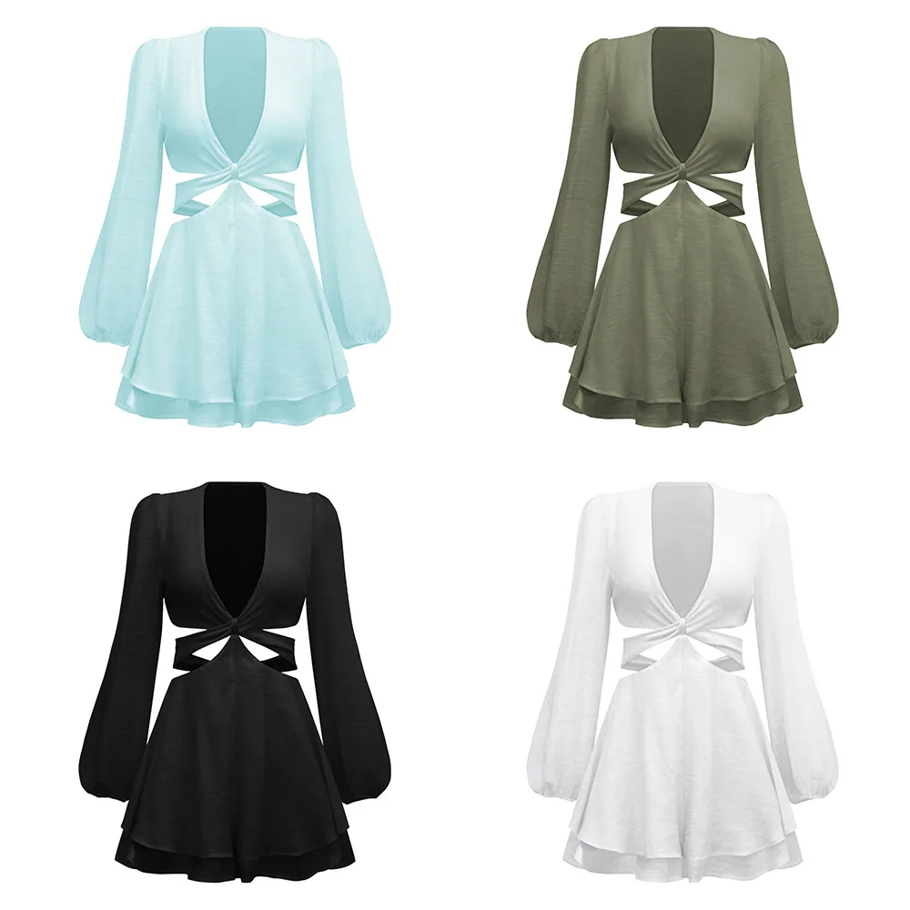 

Deep V-neck Slim Fit Fashion Women's Wear Lantern Long Sleeve Ruffles