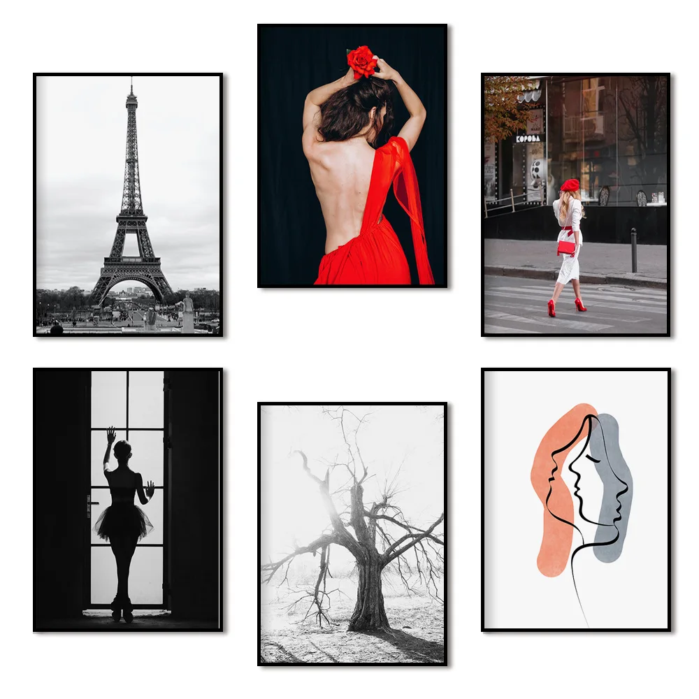 

Парижская башня, мода, танцевальная девушка, дерево, скандинавские плакаты и принты, настенная Картина на холсте, настенные картины для гост...