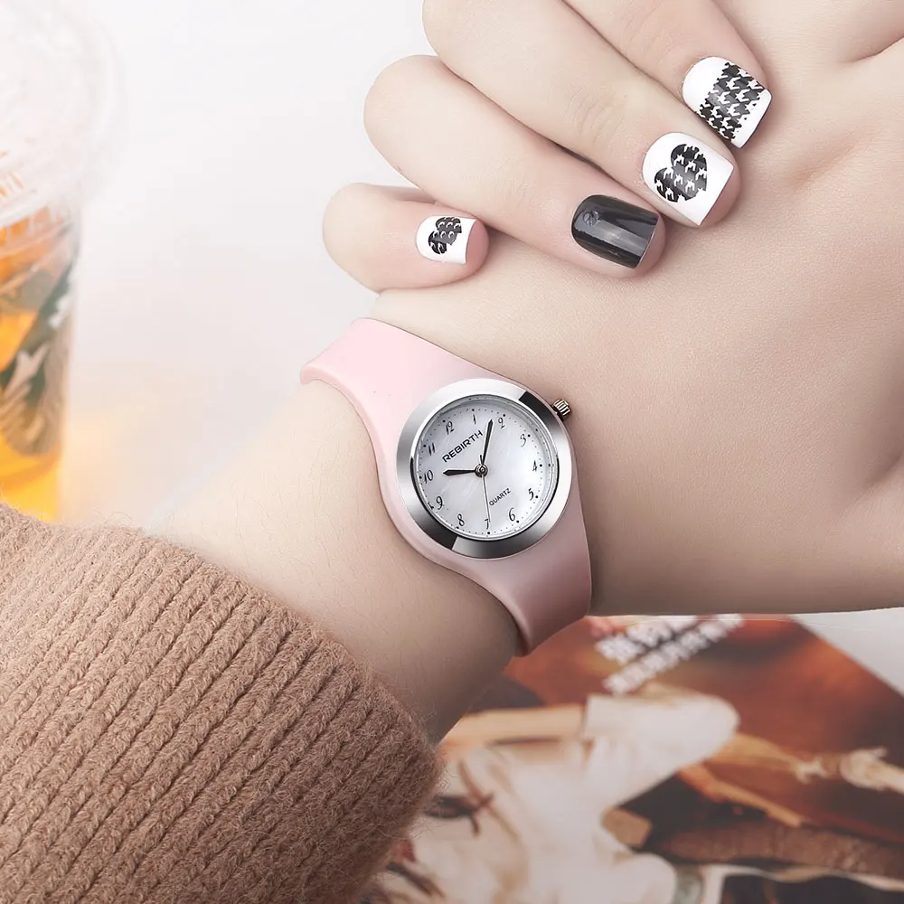 

Новинка 2022, простые и модные женские часы REBIRTH для отдыха, кварцевые часы, силиконовая клейкая лента