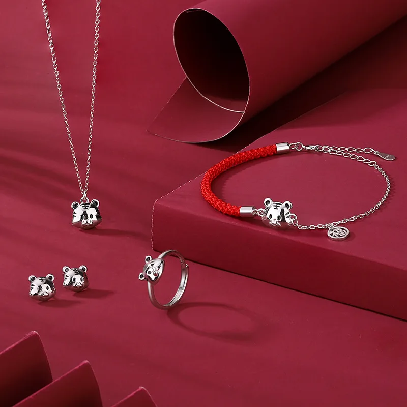 Conjuntos de joyas de plata esterlina 925 para mujer, collar femenino, pulsera, pendientes, anillos, Tigre, Animal, oro, joyería fina, regalos de fiesta