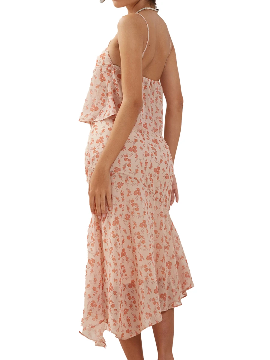 

Женский комплект с юбкой с цветочным принтом, блузка с открытой спиной и разрезом, асимметричная длинная юбка с заниженной талией, летний наряд для клуба ярко-розового цвета, L
