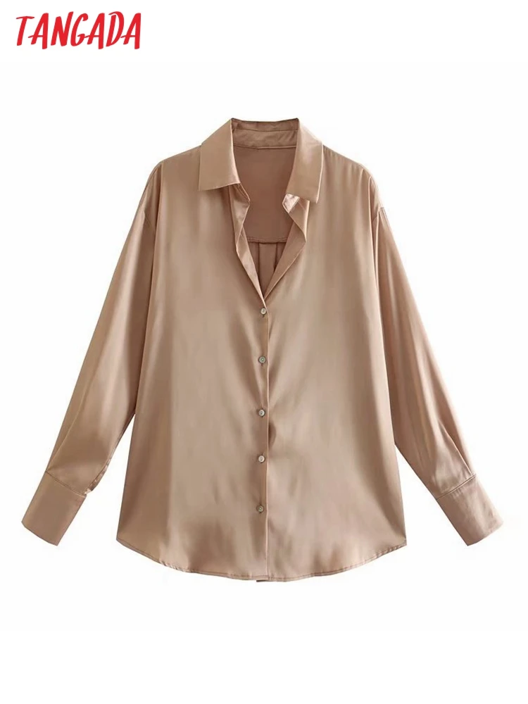 

Tangada 2022 Women Retro Oversized Khaki Satin Shirt Long Sleeve Chic Female Casual Loose Shirt Tops 4Q25
