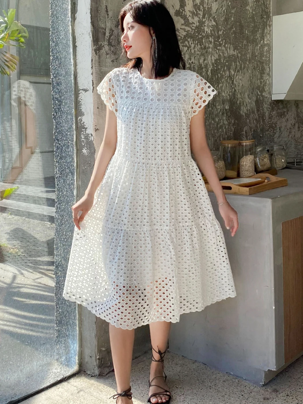 

Jastie Boho Hollow Elegant Midi Dressy Women O Neck Short Sleeve Loose Waist A Line Vestidos Holiday Beach Summer White Dresses