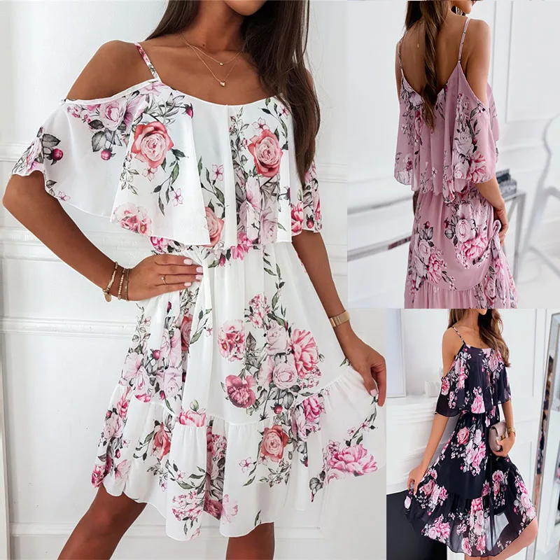 

AliExpress2022New Spring Chiffon Printed Strapless Sexy Dress Fashion Dress