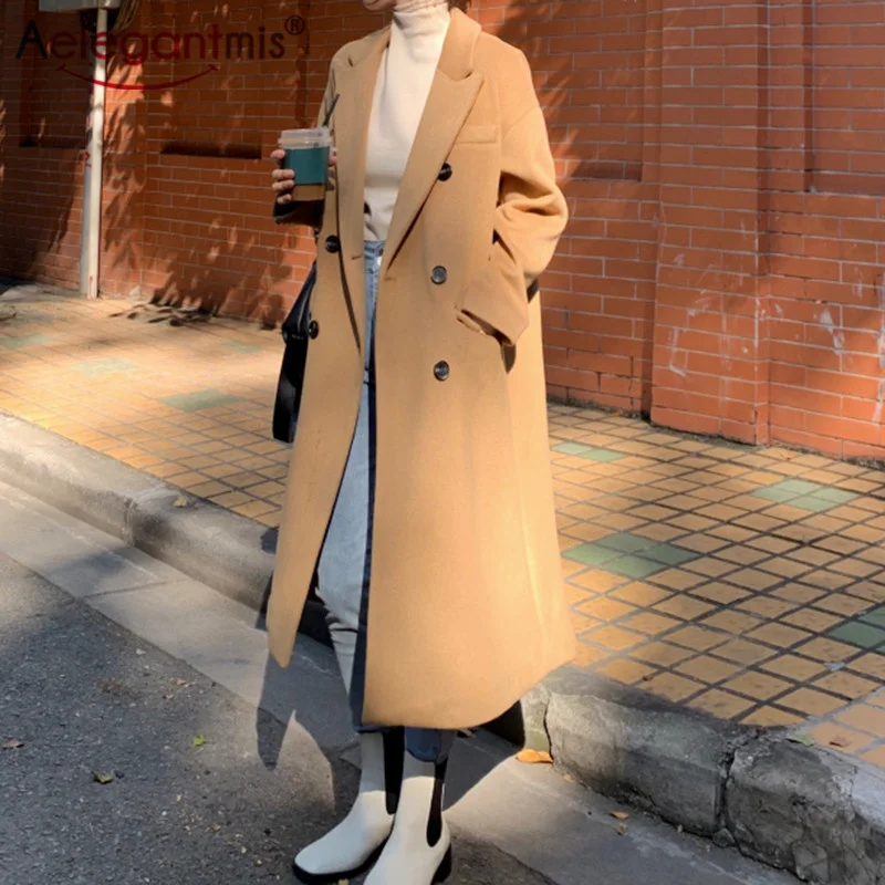 

Aelegantmis Korean Fashion Casual Long Woolen Coat Women Double Breasted Autumn Winter Jackets Female Solid Chic Loose Overcoats