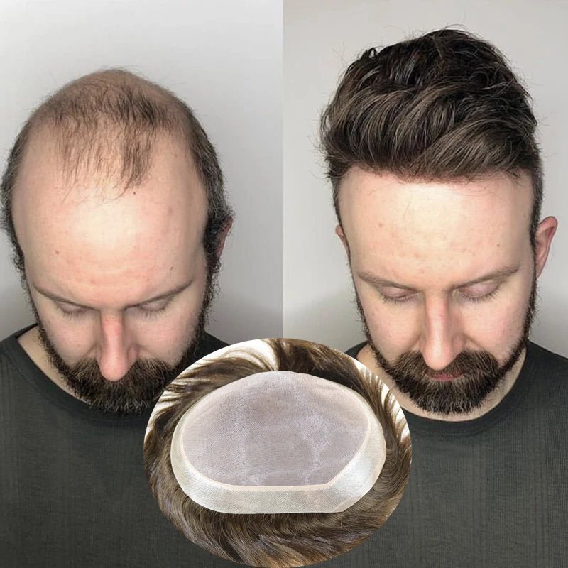 Durable Ash Brown Blonde Mono Top with Thin Skin Npu Base Mens Toupee Human Hair Wig Natural Hairline Replacement Prosthesis