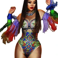 multicolored sexy colorful shining rhinestones tassel women long sleeve bodysuits party nightclub rave wear drag queen outfit