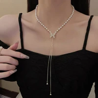 2022south koreas new ins titanium steel pearl ladies necklace light luxury niche full diamond butterfly tassel collarbone chain
