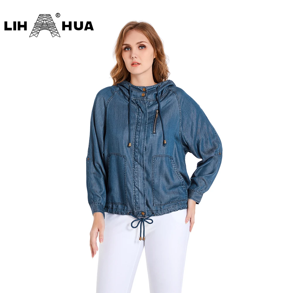 

LIH HUA Women's Plus Size Denim Jacket Hooded Fall Jacket Solid Color Long Sleeves Denim Jacket With Zipper Pockets