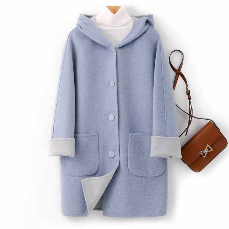 

Women's Hooded Double Sided Cashmere Coat Autumn and Winter Loose Reversible Woolen Coat Women