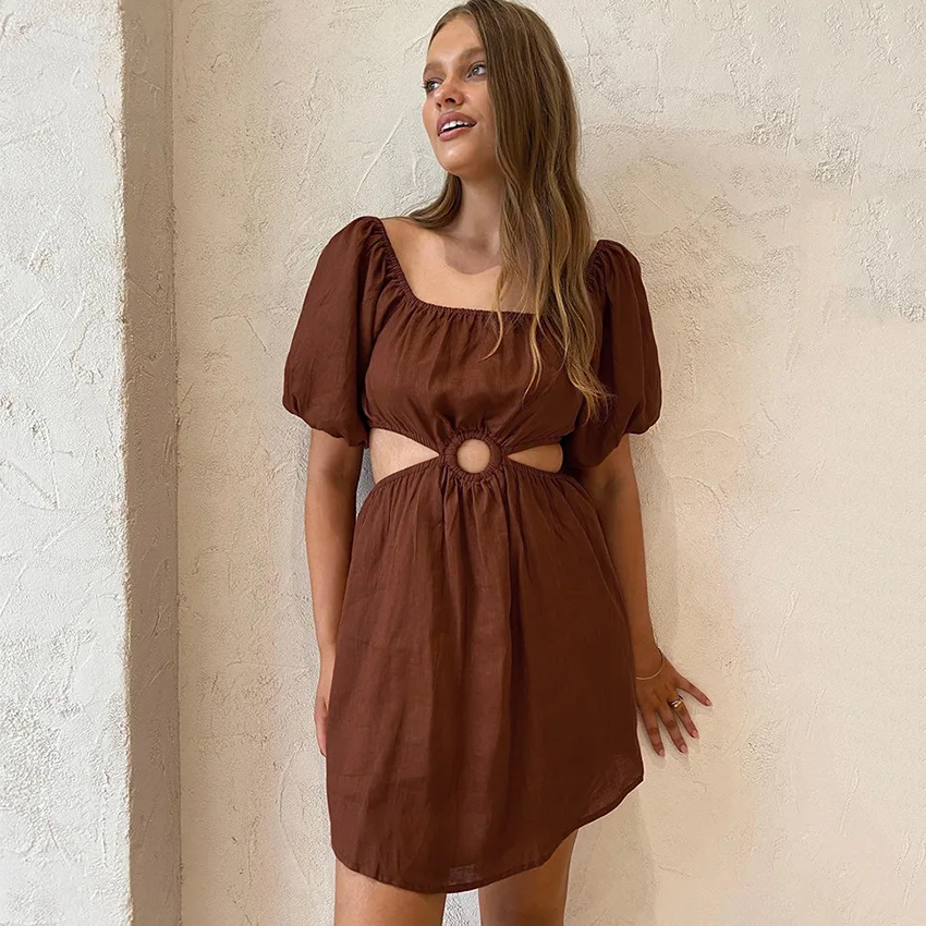 

Женское ажурное мини-платье, праздничное однотонное платье-трапеция с квадратным вырезом, пышными рукавами и открытой спиной, лето 2022