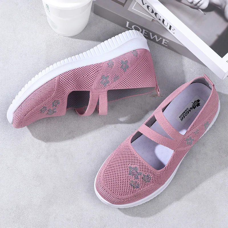 

Mesh Mary Jane Shoes for Woman Summer Breathable Cozy Ladies Flats Loafers Shoes Slip-on Lazy Mom Embroider Soft Sole Shoes