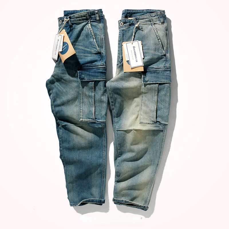 Trousers men's nine minutes pants loose small straight retro washed old heavy stretch jeans.
