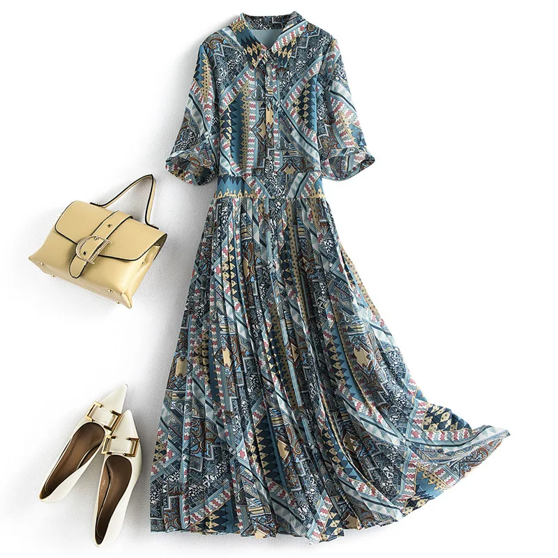 

Женское длинное платье в богемном этническом стиле, элегантное плиссированное платье с отложным воротником и принтом, плиссированное платье с эластичным поясом на лето