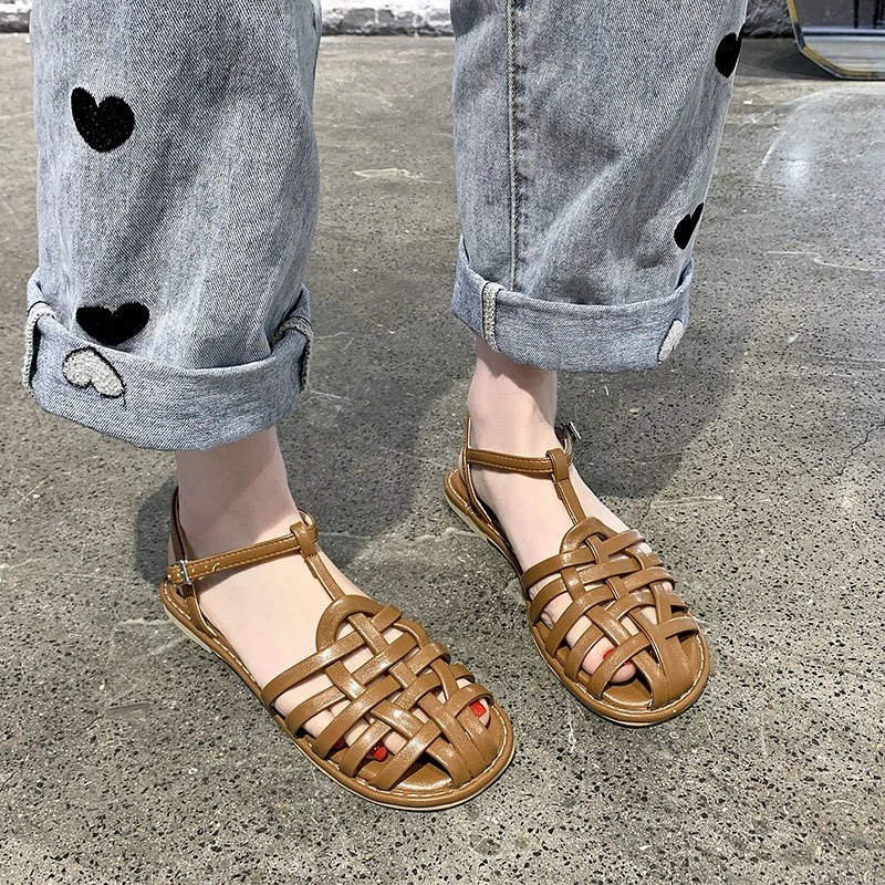 Roman Sandals Women's Summer 2022 New Fashion Simple Flat Beach Sandals Woven Hollow Open Toe Shoes Large Size Women's Shoes