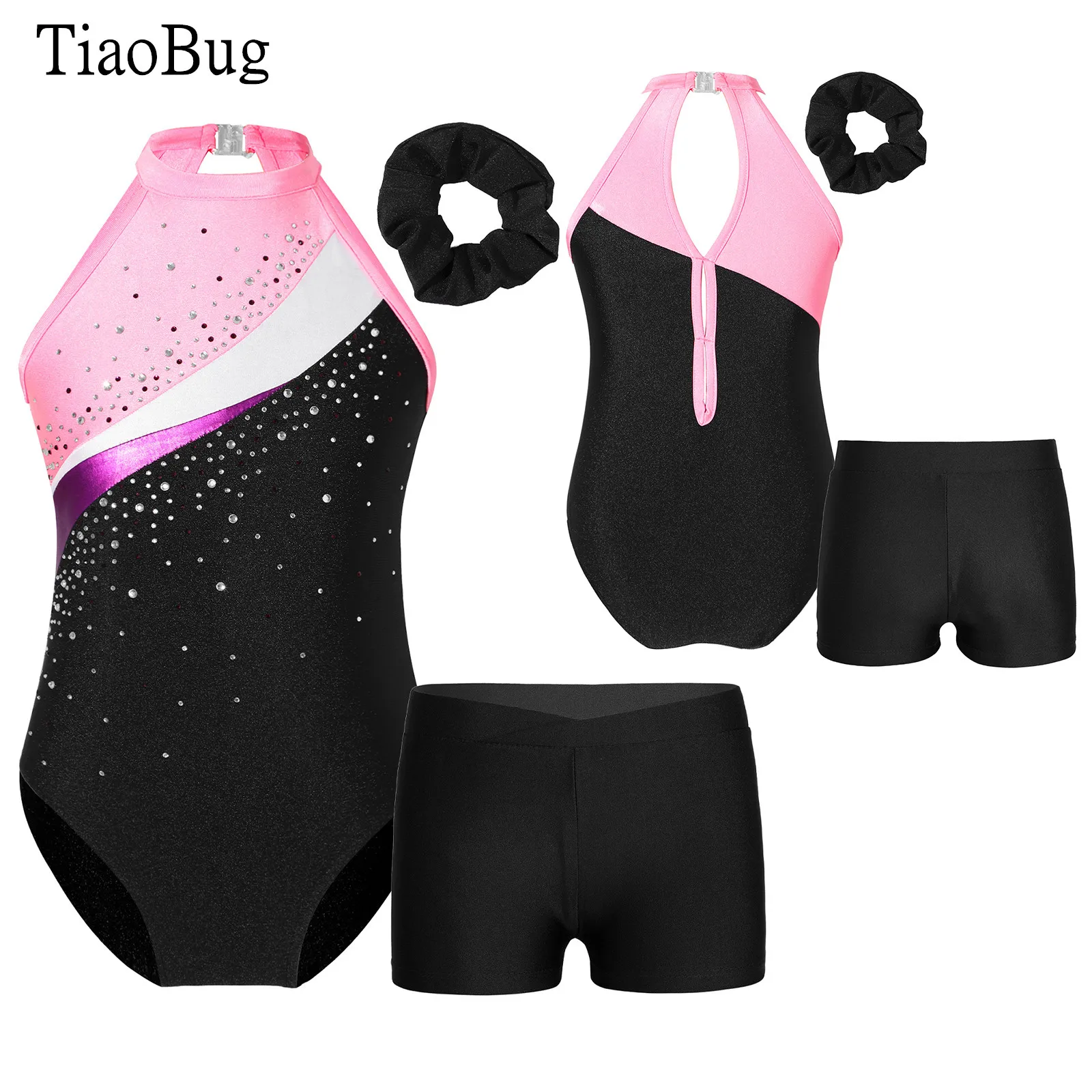 

Kids Girls Shiny Rhinestone Decorated Dance Set Sleeveless Hollow Back Leotards with Hair Band And V-front Waistband Shorts