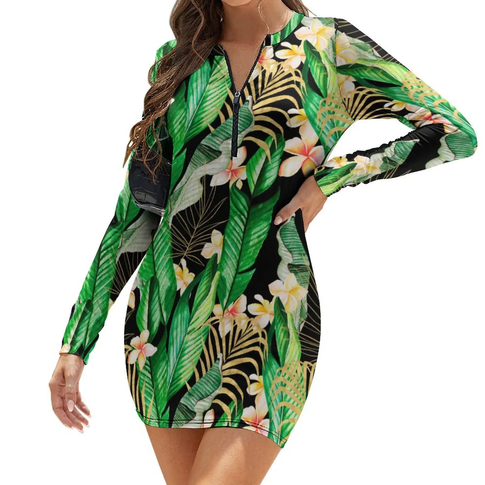 

Женское платье с длинным рукавом, облегающее платье с принтом в виде листьев пальмы джунглей, платье с тропическим лесом и цветочным принто...