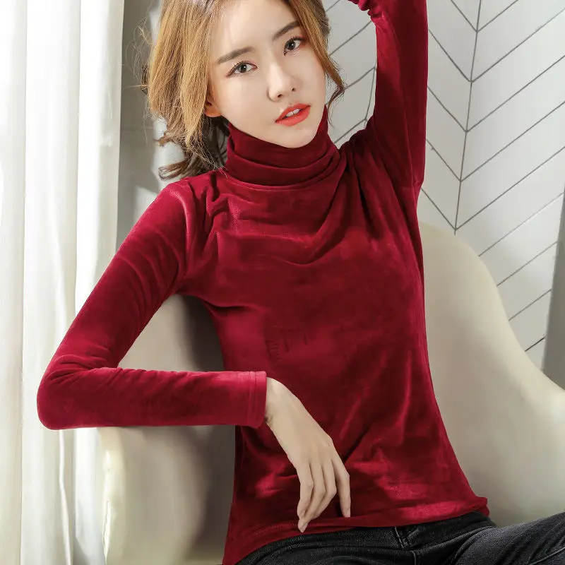 

Осенняя Женская золотистая бархатная футболка с высоким воротником, пуловеры, женская теплая нижняя рубашка, Женская Однотонная футболка, ...