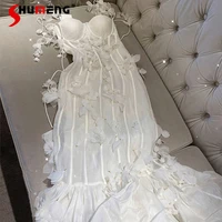 french style white long flower dress womens summer heavy industry slim fit sexy tube top strappy fishtail vacation dress