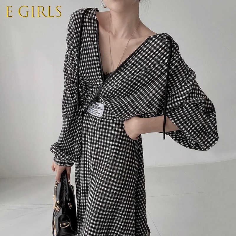 E GIRLS  Elegant Two Piece Set Women V-neck Contrast Color Plaid Zipper Long-sleeved Jacket High Waist Wild Patch Skirt Suit